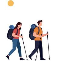 Two hikers walking with backpacks in flat illustration vector
