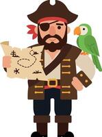 Pirate character holding a treasure map with a parrot flat art vector