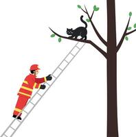 Firefighter rescuing a cat from a tree in flat art vector