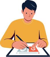 Young man creating digital design on tablet in flat art vector