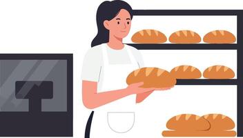 Bakery worker presenting fresh bread in flat art vector