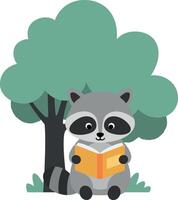 Raccoon reading a book under a green tree in flat vector