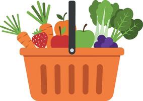 Fresh vegetables and fruits in a colorful shopping basket illustration vector