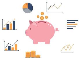 Piggy bank surrounded by financial graphs and coins in flat art vector