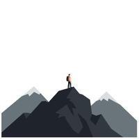 Hiker standing triumphantly on mountain peak in minimal art vector