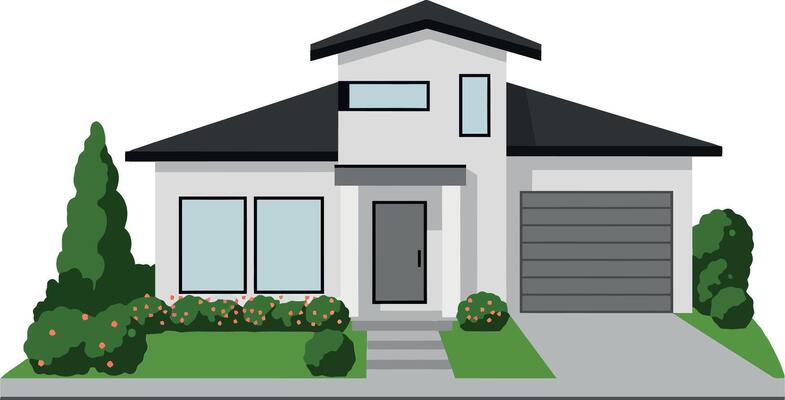 Modern residential house with gardens in flat art style illustration