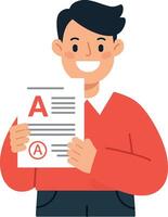 Happy student celebrating success with graded paper in flat art vector