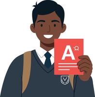 Student smiling while holding report card in flat illustration vector