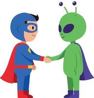 Superhero character shaking hands with alien in flat art vector