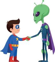 Superhero boy shaking hands with alien character in flat art vector