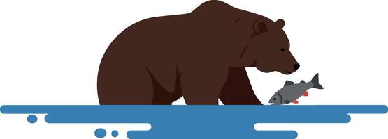 Brown bear catching fish in a river in flat art vector