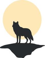 Wolf silhouette on cliff with sun in background flat art vector