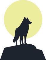 Wolf silhouette against a glowing yellow moon in flat art vector