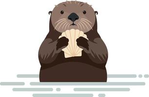 Cute otter holding shell in water flat illustration vector