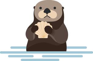 Cute otter holding a shell in a minimal flat illustration vector