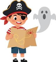 Pirate boy holding treasure map with friendly ghost in flat art vector