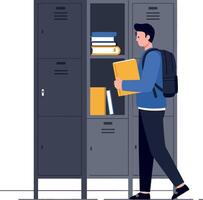 Student accessing locker with books in flat illustration vector