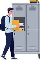 Person with backpack placing books into locker in flat art vector