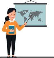 Woman presenting a world map with pointer in flat art vector
