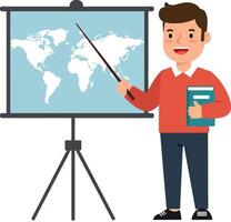 Teacher presenting world map on easel in flat art vector