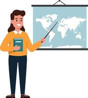 Teacher presenting world map with pointer in flat illustration vector