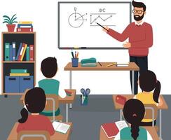 Teacher presenting math concepts in a classroom setting flat art vector