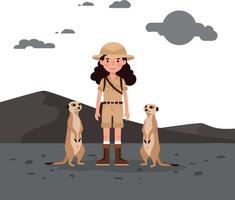 Meerkat researcher with animals in flat illustration style vector