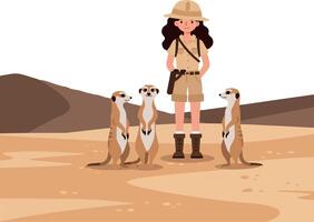 Adventurous explorer standing with friendly meerkats in flat art vector