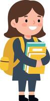 Happy student carrying books with yellow backpack in flat art vector