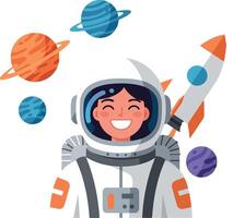 Cheerful astronaut in space with colorful planets and rocket art vector