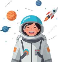 Smiling astronaut in space with planets and rocket flat illustration vector
