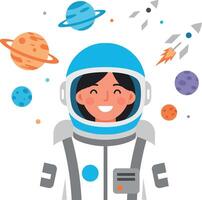 Astronaut smiling in space with planets and rockets flat art vector