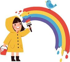 Child in raincoat painting a colorful rainbow in flat art vector