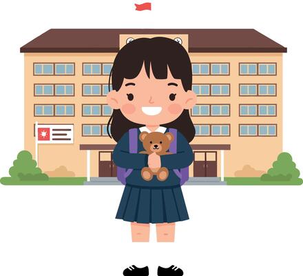 Girl holding teddy bear in front of school building flat illustration