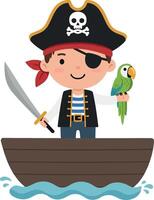 Pirate boy with sword and parrot in flat art vector