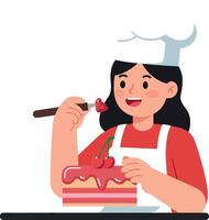 Cheerful baker decorating a cake in flat art style illustration vector