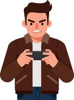 Young man intensely focused on gaming in flat art vector