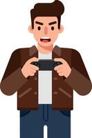 Excited gamer holding a controller in flat illustration vector