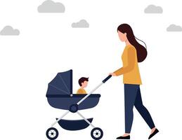Mother pushing stroller with child in a flat illustration vector