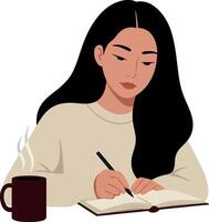 Woman writing in notebook while drinking coffee in flat art vector