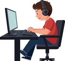 Boy using computer at desk in flat style illustration vector