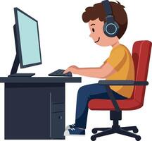 Boy using computer in red chair with headphones flat art vector