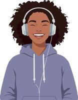 Smiling woman with curly hair wearing headphones in flat art vector