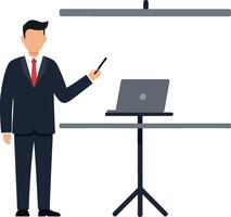 Businessman presenting data with laptop in minimal flat art vector