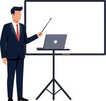 Professional presenter with pointer and laptop in flat art vector