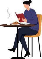 Woman reading book at cafe with coffee and croissant flat vector
