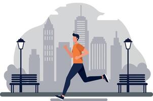 Man jogging in a city park setting with flat art vector