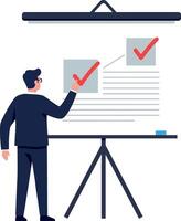 Person marking completed tasks on a presentation board in flat art vector