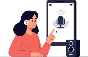 Woman interacting with microphone app on smartphone in flat art vector