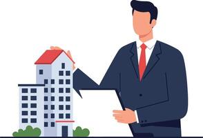 Businessman presenting building model in minimal flat art vector